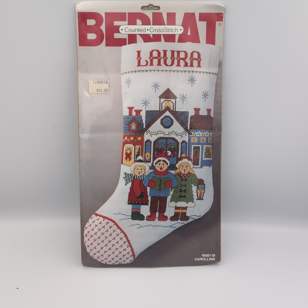 Vintage 1987 Bernat Carolling Christmas Stocking Counted Cross Stitch Kit W00118